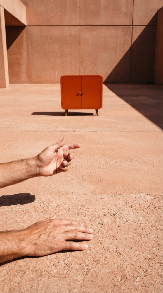 Aparador laranja de madeira numa sala minimalista com chão e paredes terreiras, luz natural e sombras