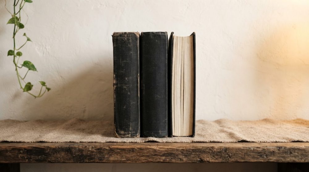 Três livros antigos com capas gastas alinhados sobre mesa rústica com planta ao lado