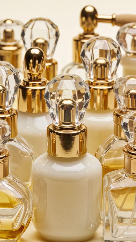 Frascos vintage de perfume com tampas de cristal facetado e detalhes dourados agrupados