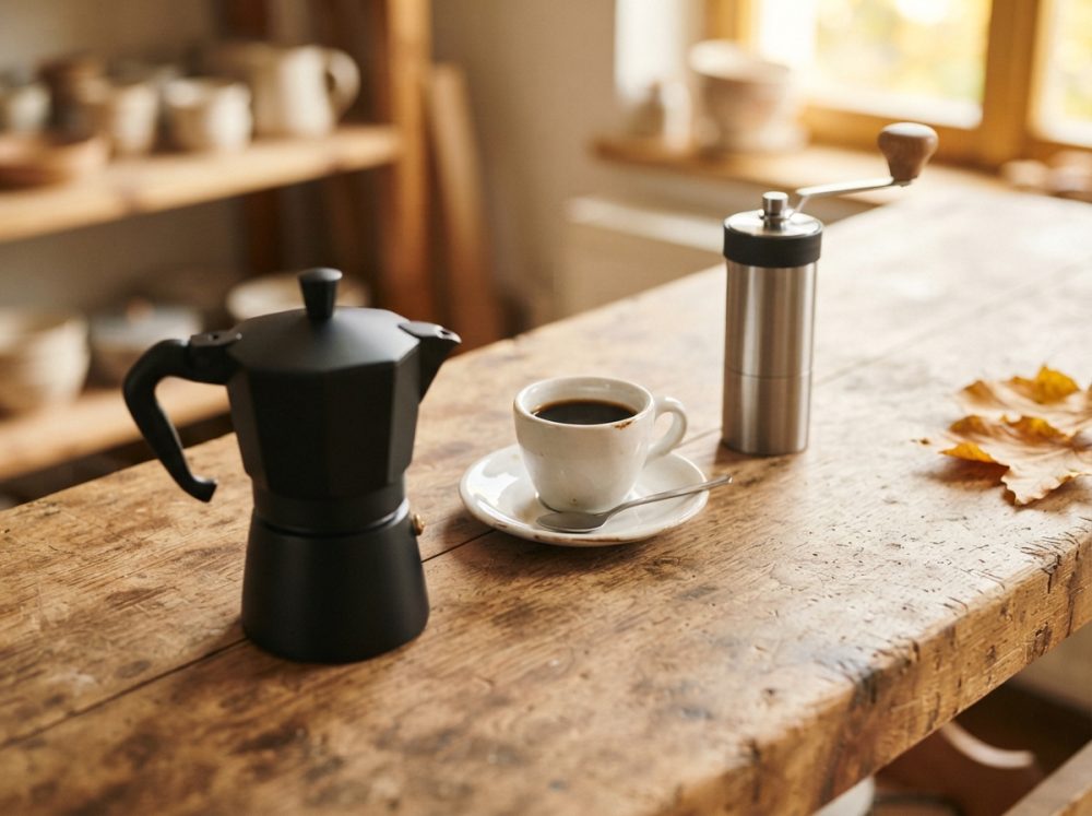 Mesa de madeira com café em chávena branca, cafeteira moka preta e moinho manual