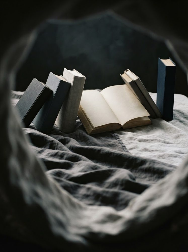Livros encadernados neutros em tecido cinzento, com um livro aberto ao centro