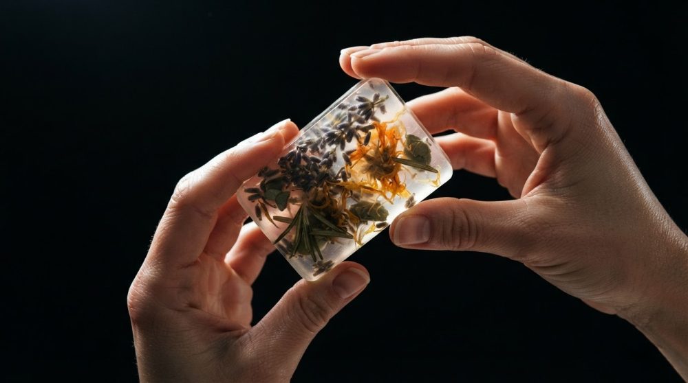 Mãos seguram sabão artesanal transparente com flores naturais dentro, sobre fundo preto