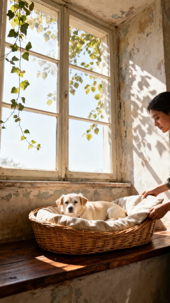 Cachorro branco numa cama de vime junto a janela com luz solar e folhas verdes