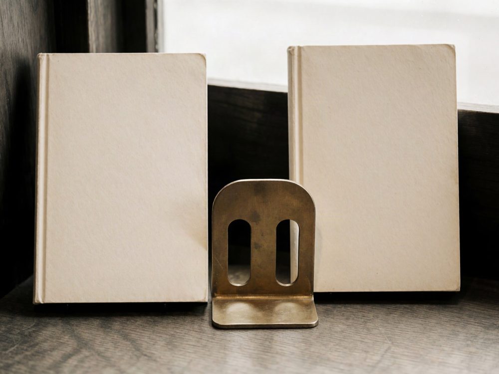 Dois livros com capas bege apoiados em suporte metálico dourado sobre madeira escura