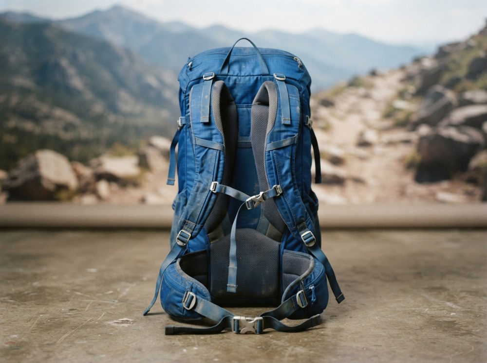Mochila azul de campismo com alças acolchoadas e cintos de segurança, trilho de montanha ao fundo.