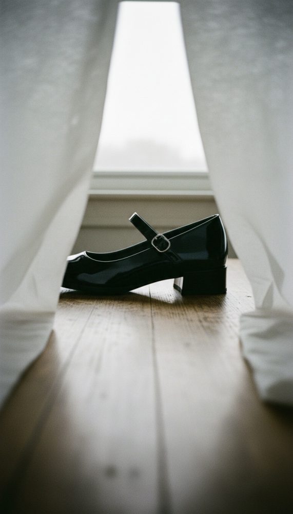 Sapato preto clássico com tira e salto médio no chão em madeira entre cortinas brancas translúcidas