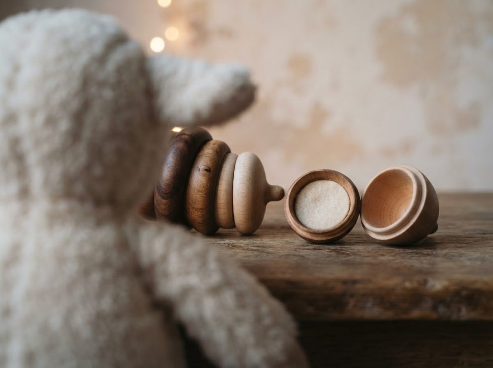Brinquedos de madeira empilháveis com urso de peluche numa mesa rústica