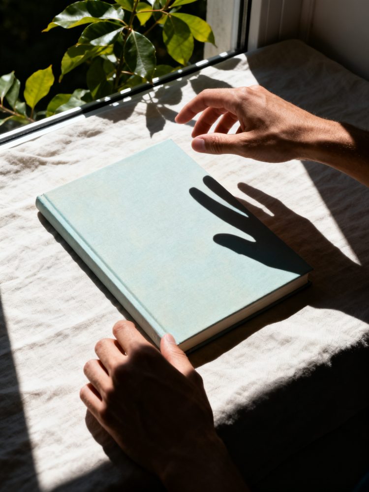Livro de capa azul claro sobre tecido bege à janela com mãos próximas e folhas verdes ao fundo