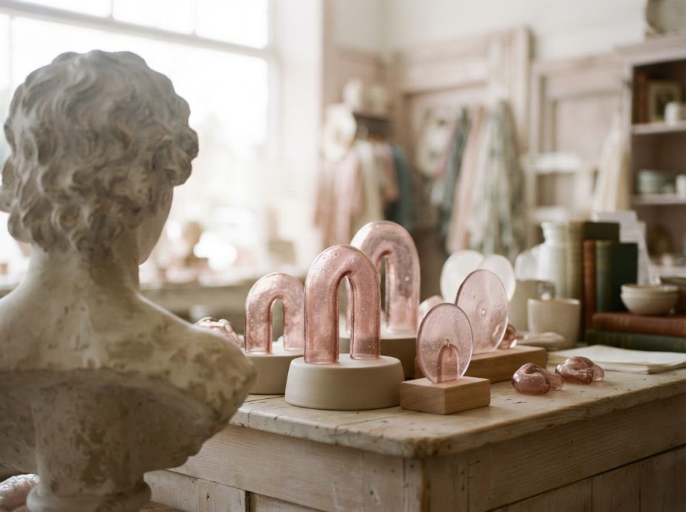 Mesa de madeira com peças de vidro rosa e escultura clássica vista de costas