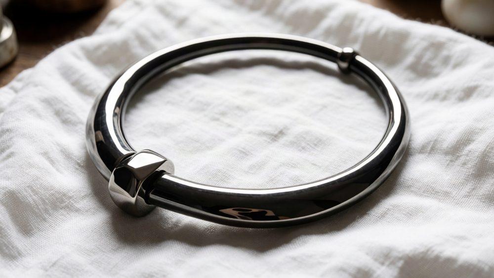 Pulseira metálica prateada com fecho quadrado sobre tecido branco