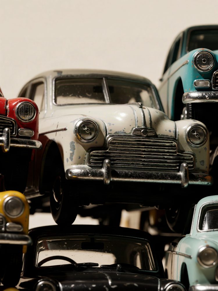 Vários carros vintage em miniatura com detalhes e desgaste, empilhados lado a lado