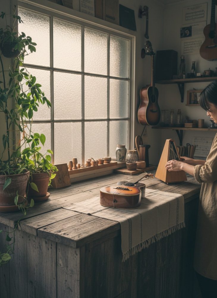 Pessoa ajusta metrónomo perto de cavaquinho, guitarra pendurada e plantas junto a janela fosca em espaço musical