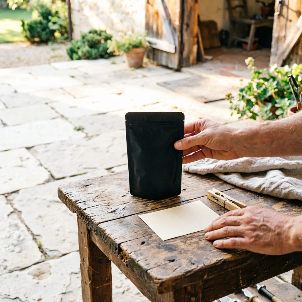 Mãos a segurar saco preto mate numa mesa de madeira rústica exterior com papel e pregadores