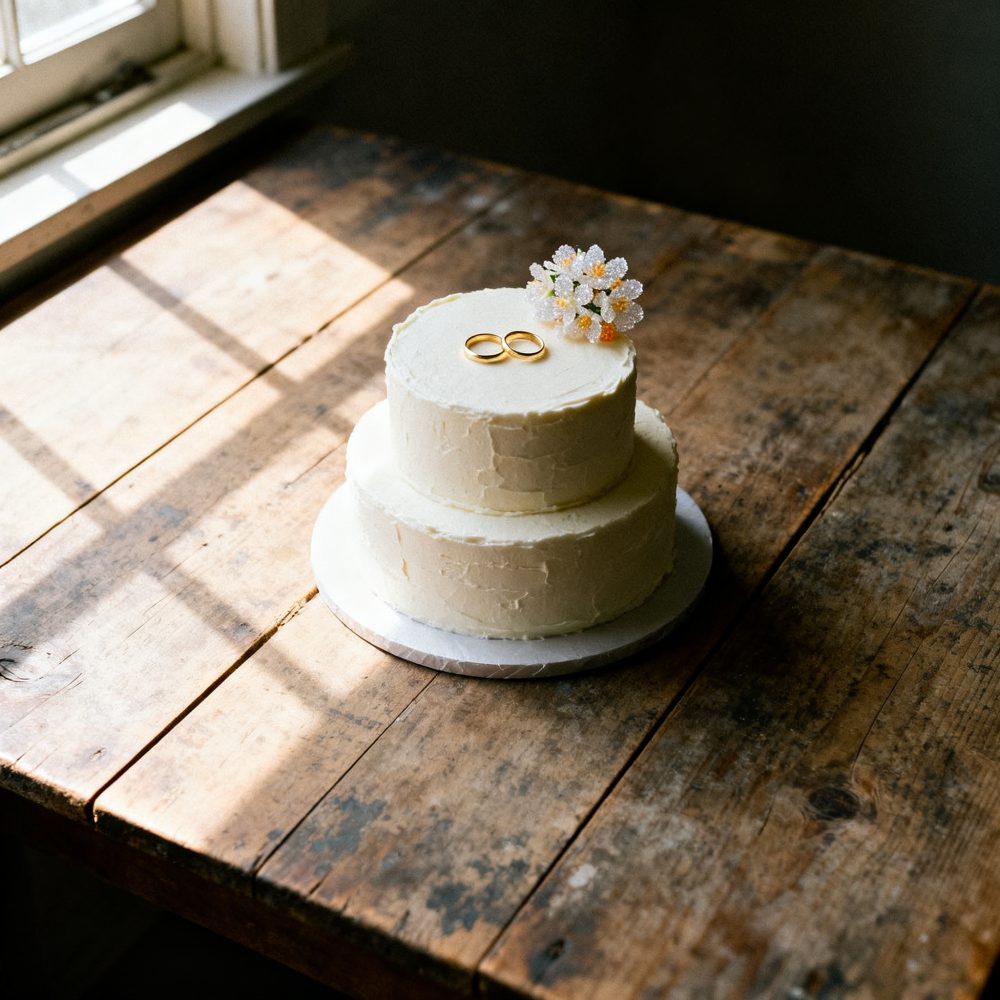 Bolo de casamento branco de dois andares com alianças douradas e pequenas flores sobre mesa de madeira rústica