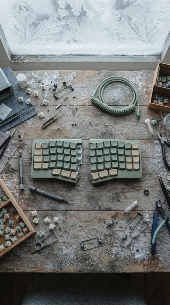 Teclado mecânico dividido com teclas desmontadas e ferramentas sobre mesa de madeira junto a janela com geada