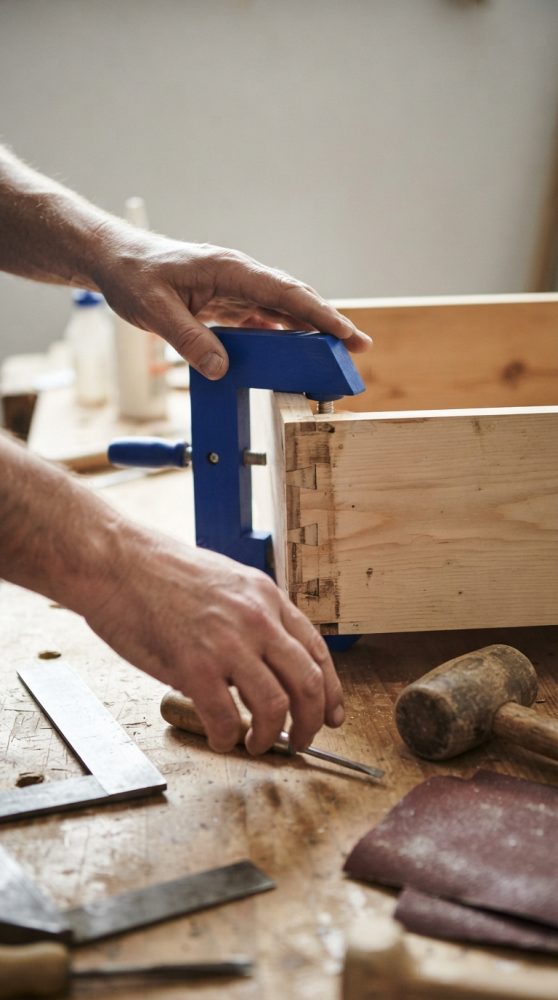 Mãos a apertar grampo azul numa peça de madeira numa bancada com ferramentas de carpintaria
