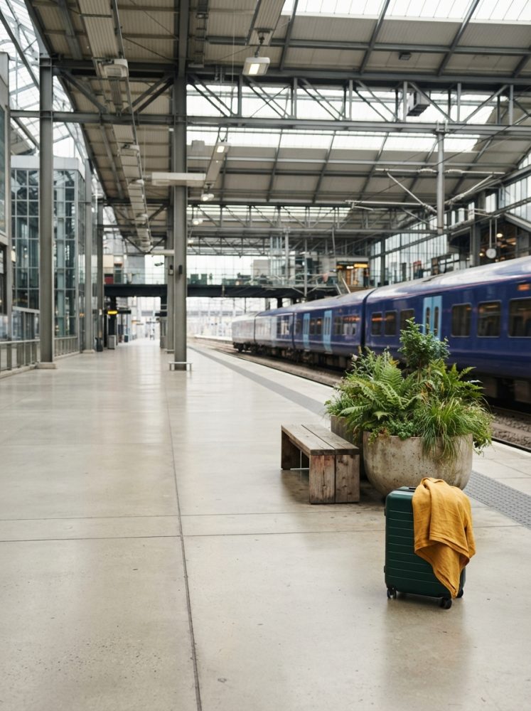 Mala de viagem verde com cachecol amarelo em estação de comboios moderna e vazia