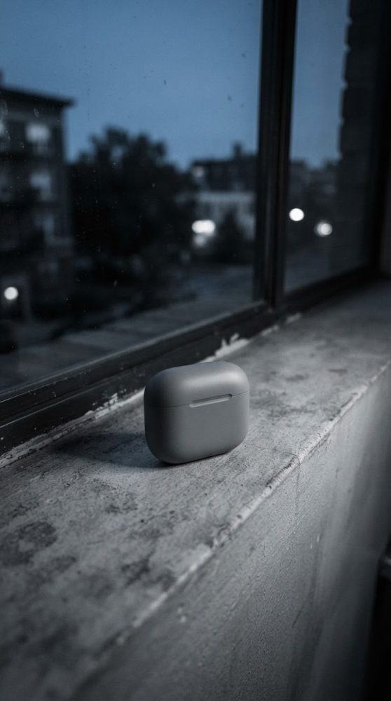 Estojo cinzento de carregador de auriculares sem fios numa janela urbana ao entardecer
