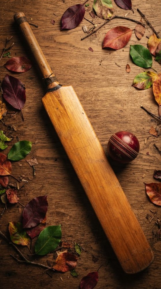 Taco e bola de cricket vintage com folhas coloridas sobre fundo de madeira rústica