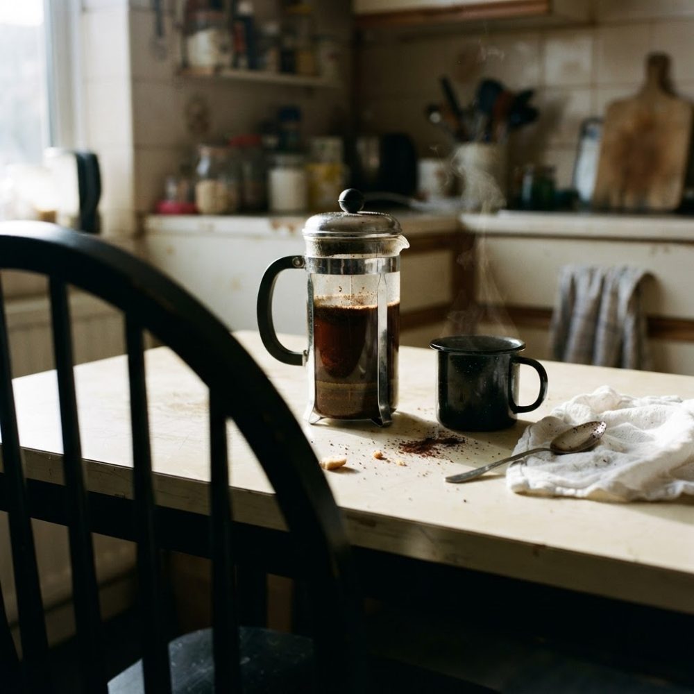 Prensa francesa com café, chávena preta a fumegar e colher numa mesa de cozinha rústica iluminada
