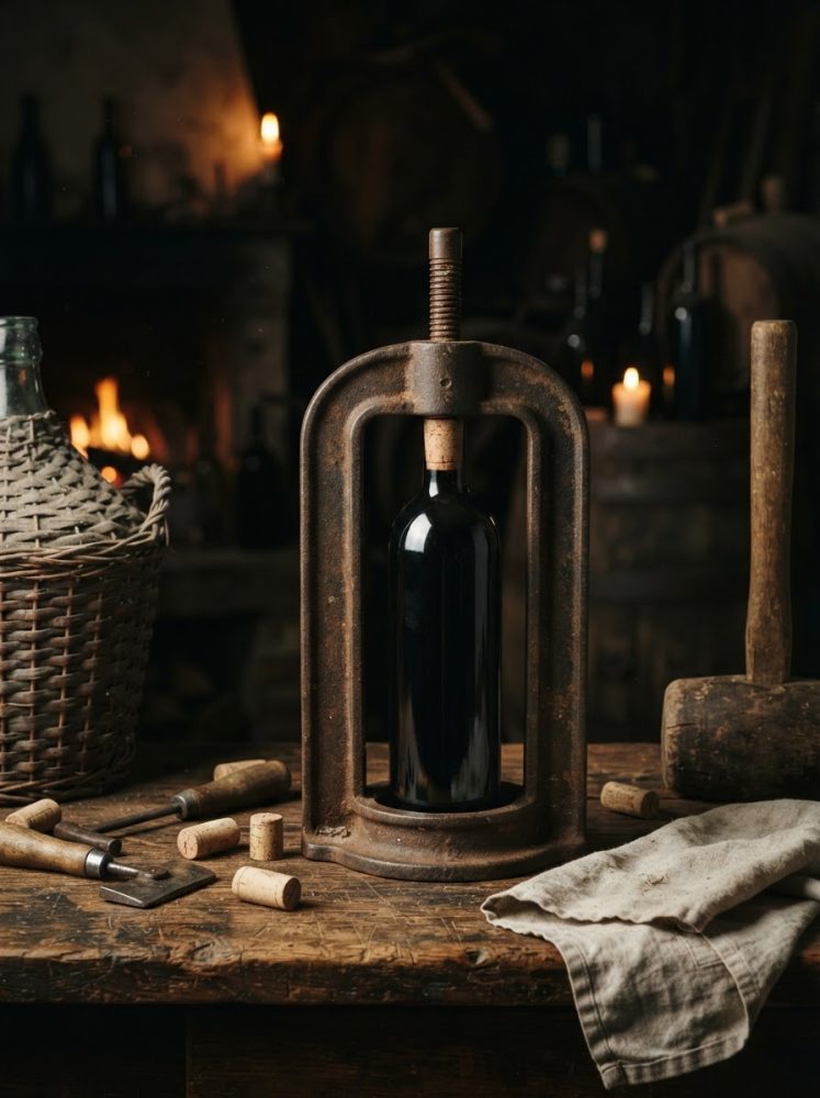 Prensa de vinho antiga com garrafa fechada por cortiça e acessórios em mesa rústica iluminada por velas
