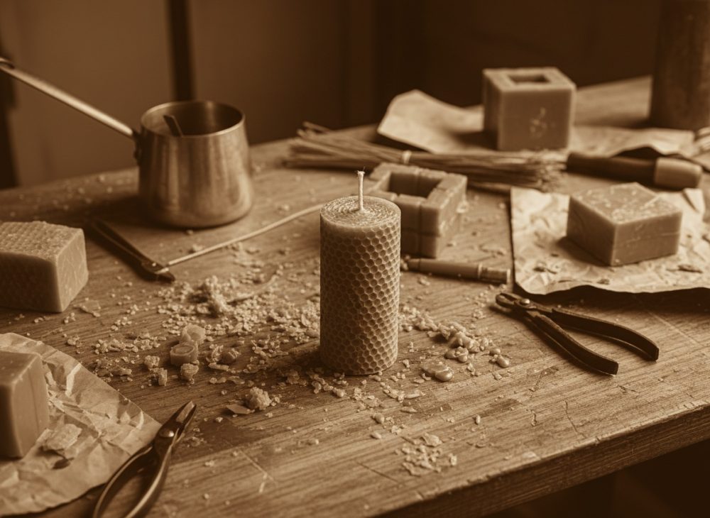 Velas artesanais de cera de abelha, ferramentas e pedaços de cera numa mesa de madeira rústica