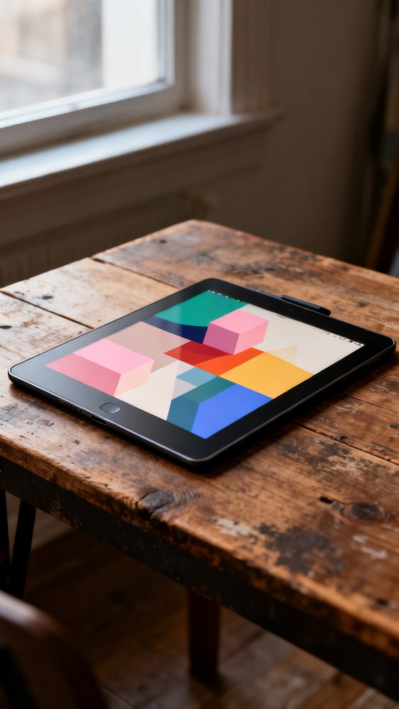 Tablet sobre mesa rústica com design gráfico colorido no ecrã, iluminado por luz natural