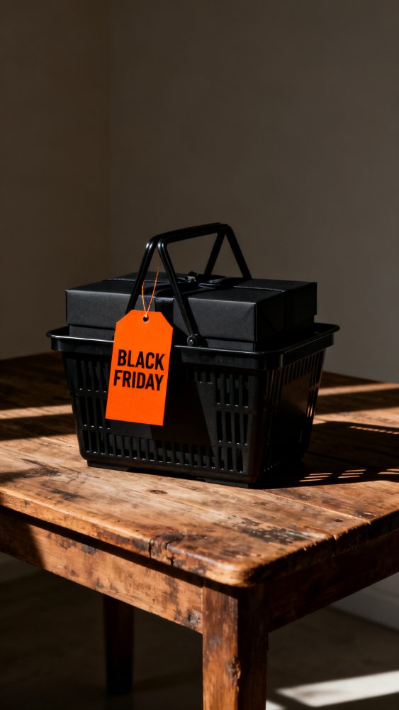 Cesta preta com caixas de presente negras e etiqueta laranja com texto Black Friday sobre mesa de madeira