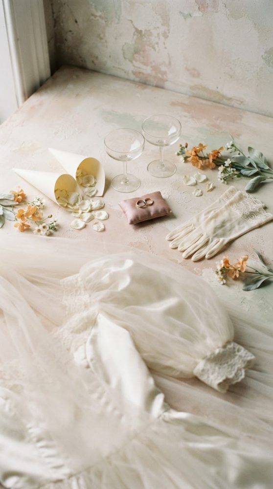 Vestido de noiva vintage com luvas, taças, pétalas em cones e alianças sobre almofada cor-de-rosa