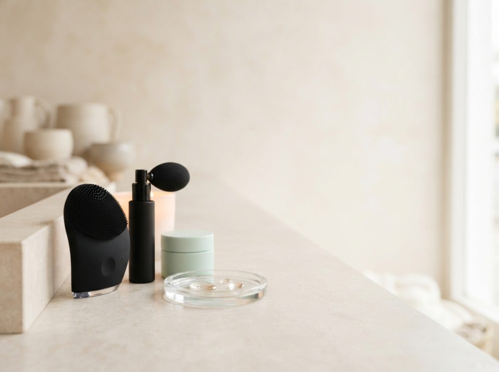 Acessórios de beleza minimalistas sobre bancada clara com escova facial preta e pote de creme