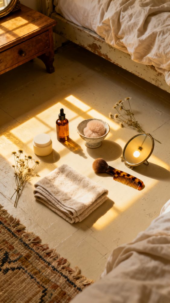 Produtos naturais de beleza no chão com luz quente, incluindo óleo, creme, pincel, espelho e toalha