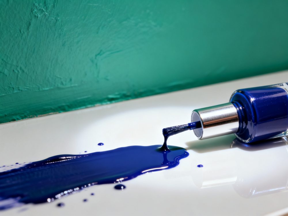 Esmalte azul escuro derramado em superfície branca com pincel metálico aberto