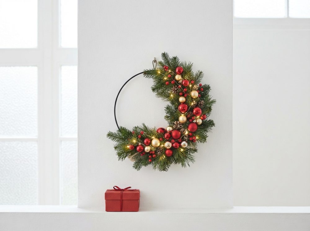 Guirlanda de Natal com bolas vermelhas, douradas e luzes LED pendurada num fundo branco, com presente vermelho abaixo