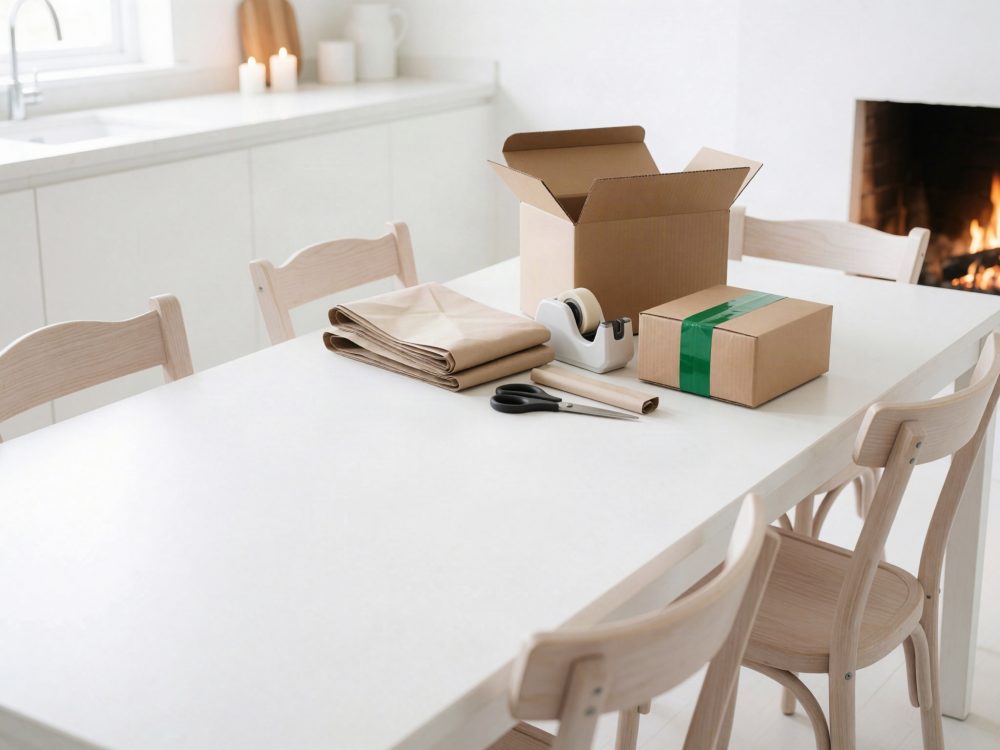Mesa branca com material de embalagem: caixas, papel de embrulho, fita adesiva e tesoura