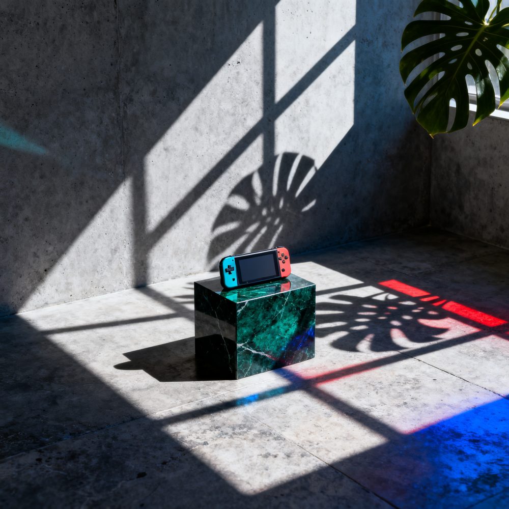 Consola portátil com comandos azul e vermelho sobre bloco de mármore verde com sombras no chão de pedra