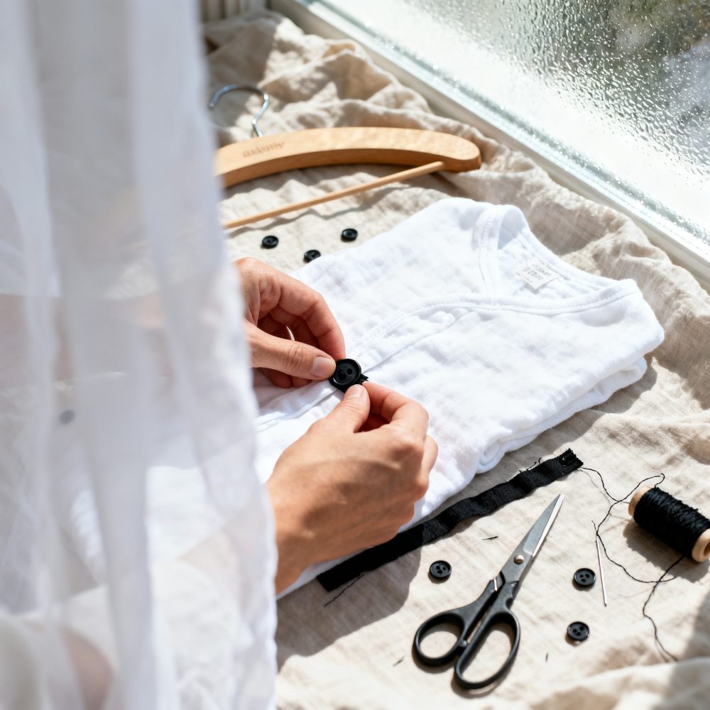 Mãos a coser botão preto em roupa branca de bebé com tesoura e linha preta perto da janela