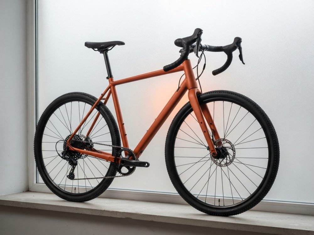 Bicicleta gravel laranja com pneus grossos e guiador drop numa superfície interior clara
