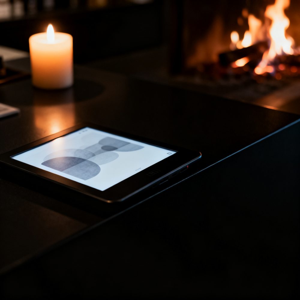 Tablet com imagem minimalista ao lado de vela acesa e lareira com fogo ao fundo