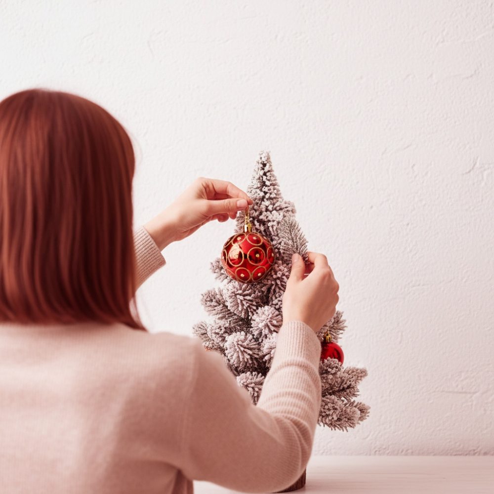 Pessoa a pendurar bola de Natal vermelha numa pequena árvore com neve artificial