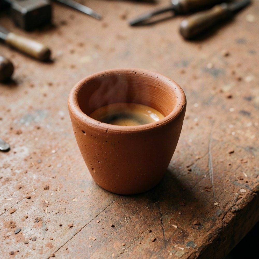 Chávena de barro com café quente sobre mesa rústica de madeira