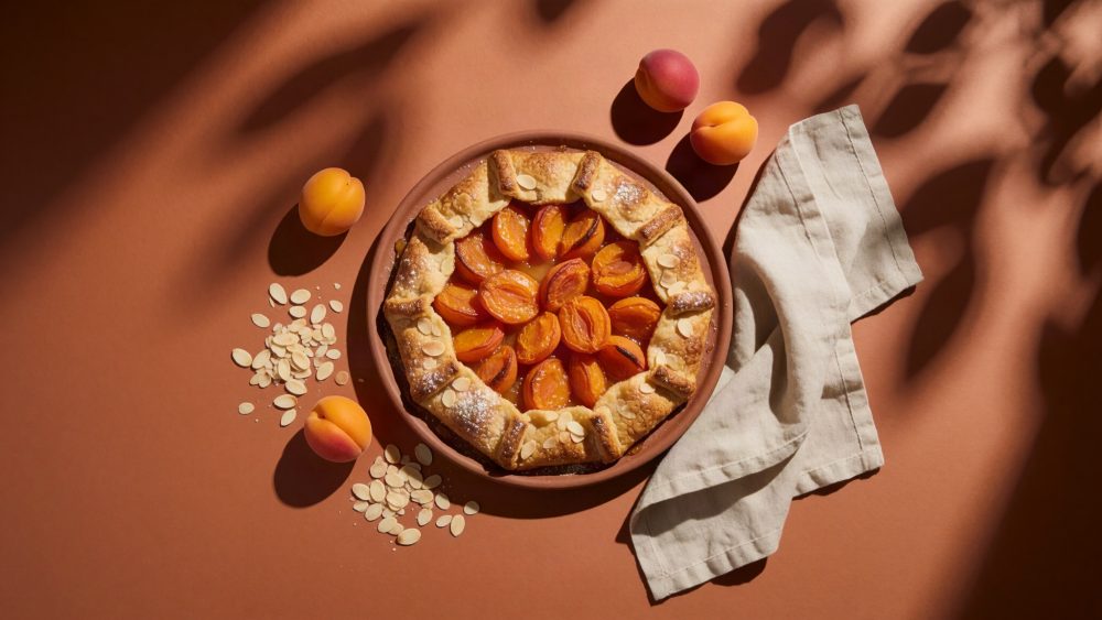 Tarte de alperce decorada com amêndoas laminadas num prato castanho com alperces frescos ao lado e guardanapo bege