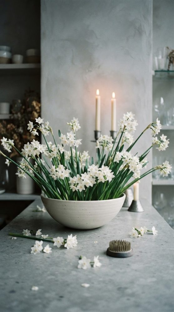 Arranjo de flores brancas em vaso cerâmico numa mesa cinzenta com velas acesas ao fundo.