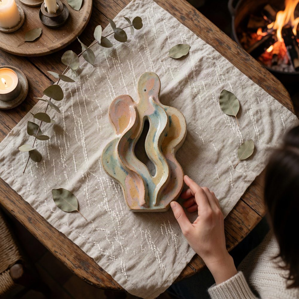 Peça decorativa cerâmica abstrata em tons pastel sobre tecido bege com folhas secas e velas acesas
