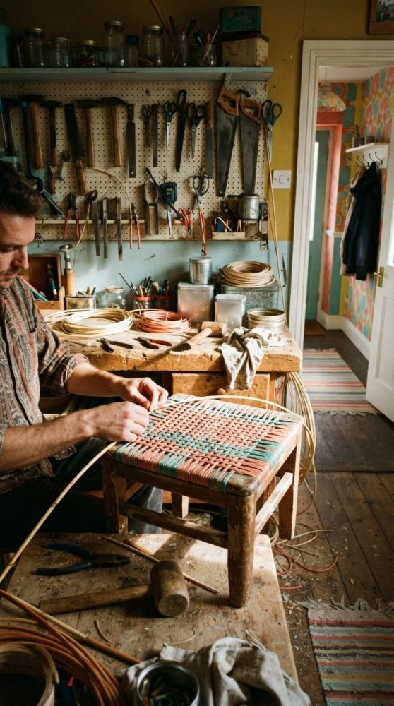 Homem a trançar fibras coloridas numa cadeira de madeira numa oficina com ferramentas e material artesanal