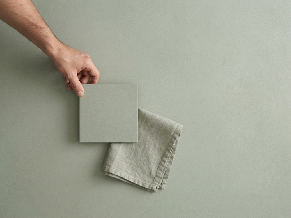 Mão segurando azulejo cinza ao lado de pano cinza dobrado sobre fundo cinza suave