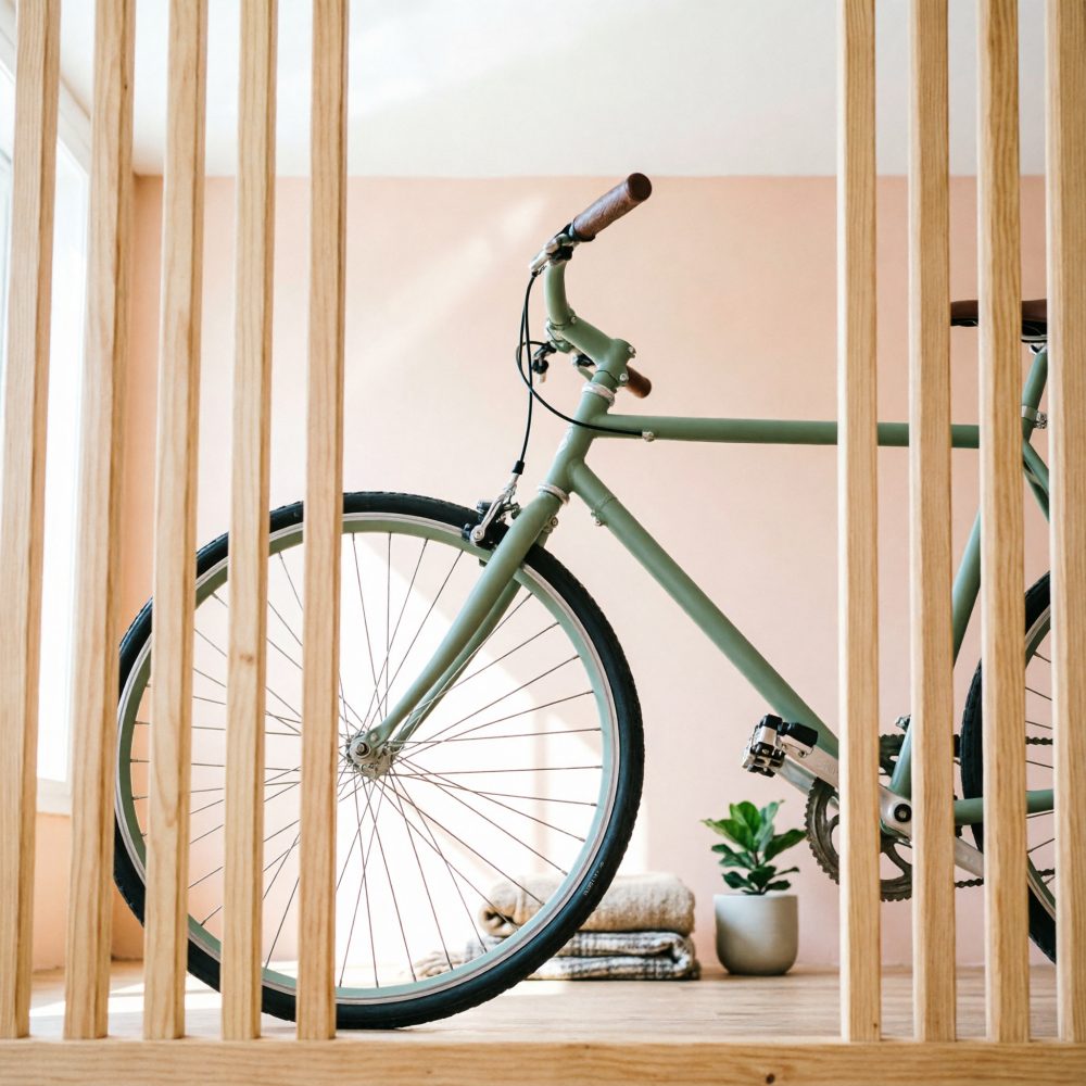Bicicleta urbana verde e castanha vista por ripas de madeira num espaço interior com parede rosa