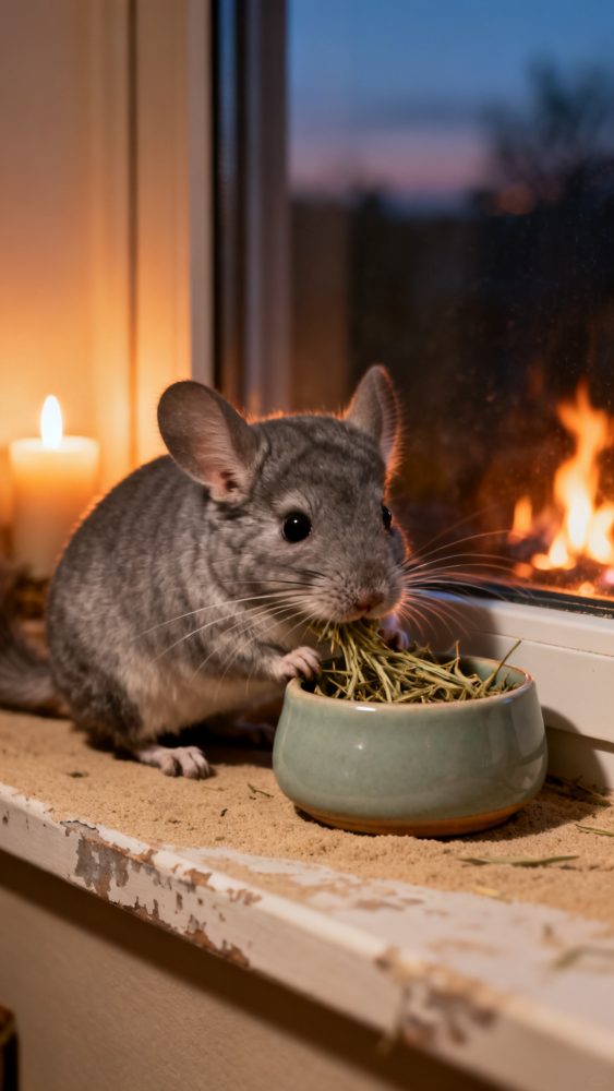 Chinchila cinzenta a comer feno num recipiente verde junto a uma vela acesa e fogo ao fundo