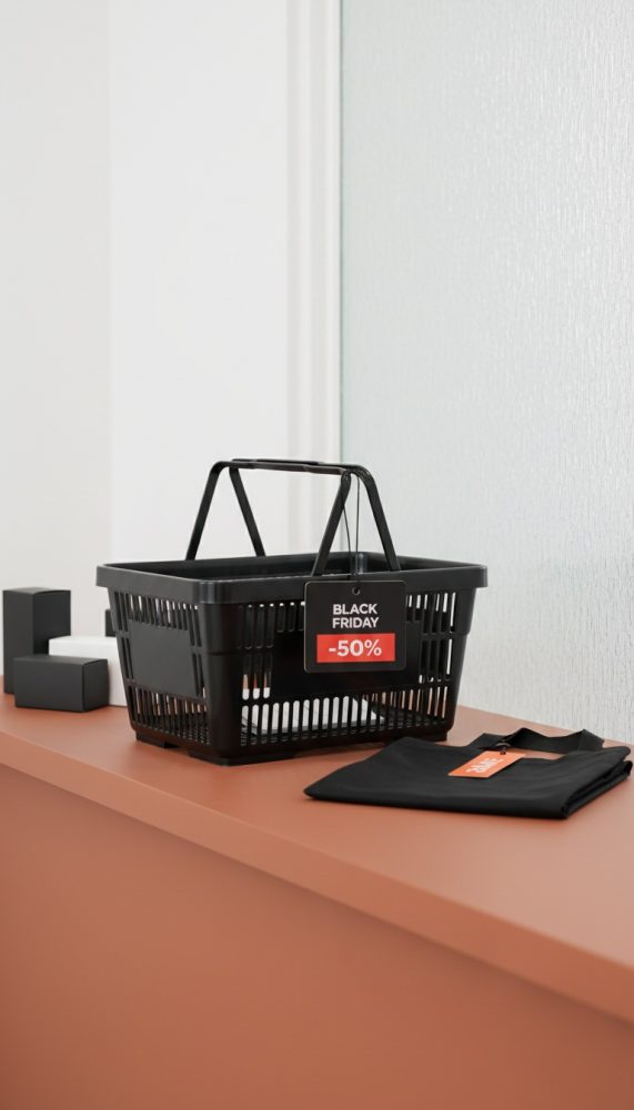 Cesto de compras preto com etiqueta Black Friday -50% e t-shirt preta dobrada sobre superfície castanha