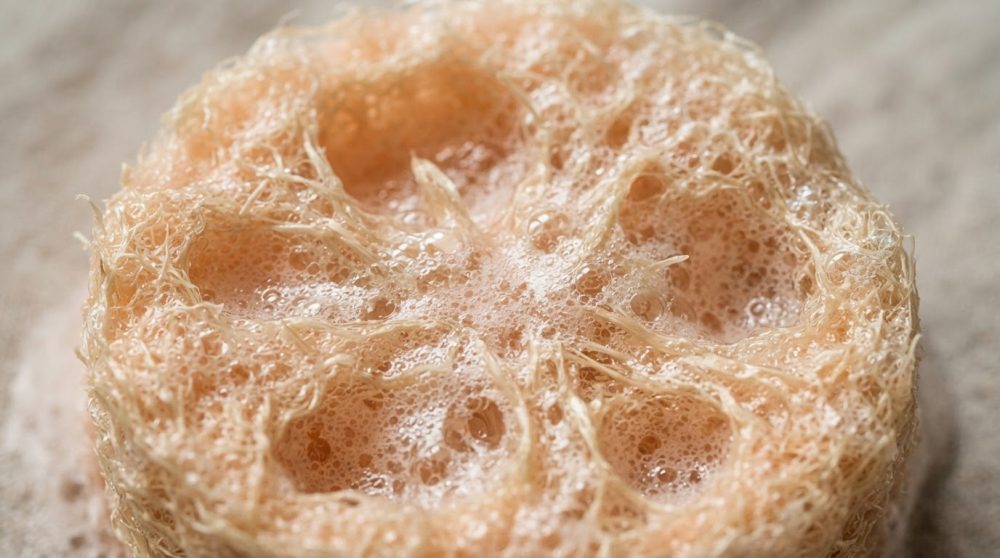 Esponja natural molhada com espuma e bolhas para cuidado de pele
