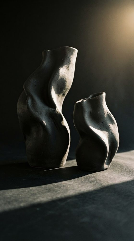 Dois vasos escultóricos em cerâmica negra com formas curvas em fundo escuro